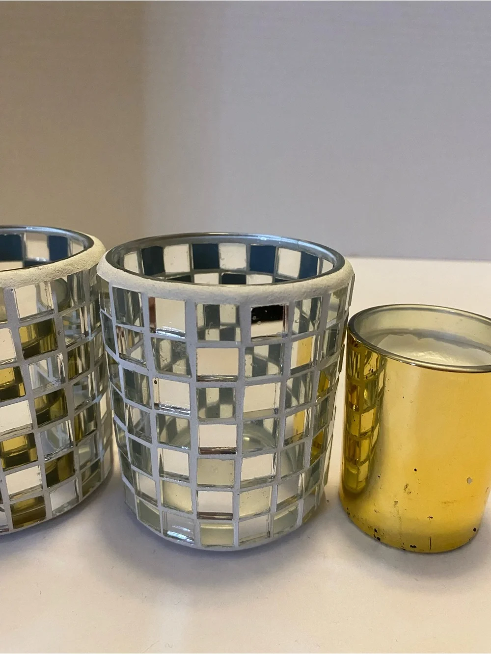Silver Mirror Mosaic Votive Glass Candle Holder With Gold Insert Set Of 2